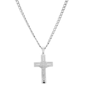 Steeltime 24" Men's stainless steel St. Benedict crucifix pendant with greek key accents - 1 of 4