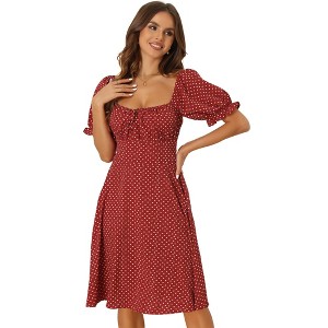 Allegra K Women's Summer Drawstring Sweetheart Neck Puff Sleeve A-Line Midi Dress - 1 of 4