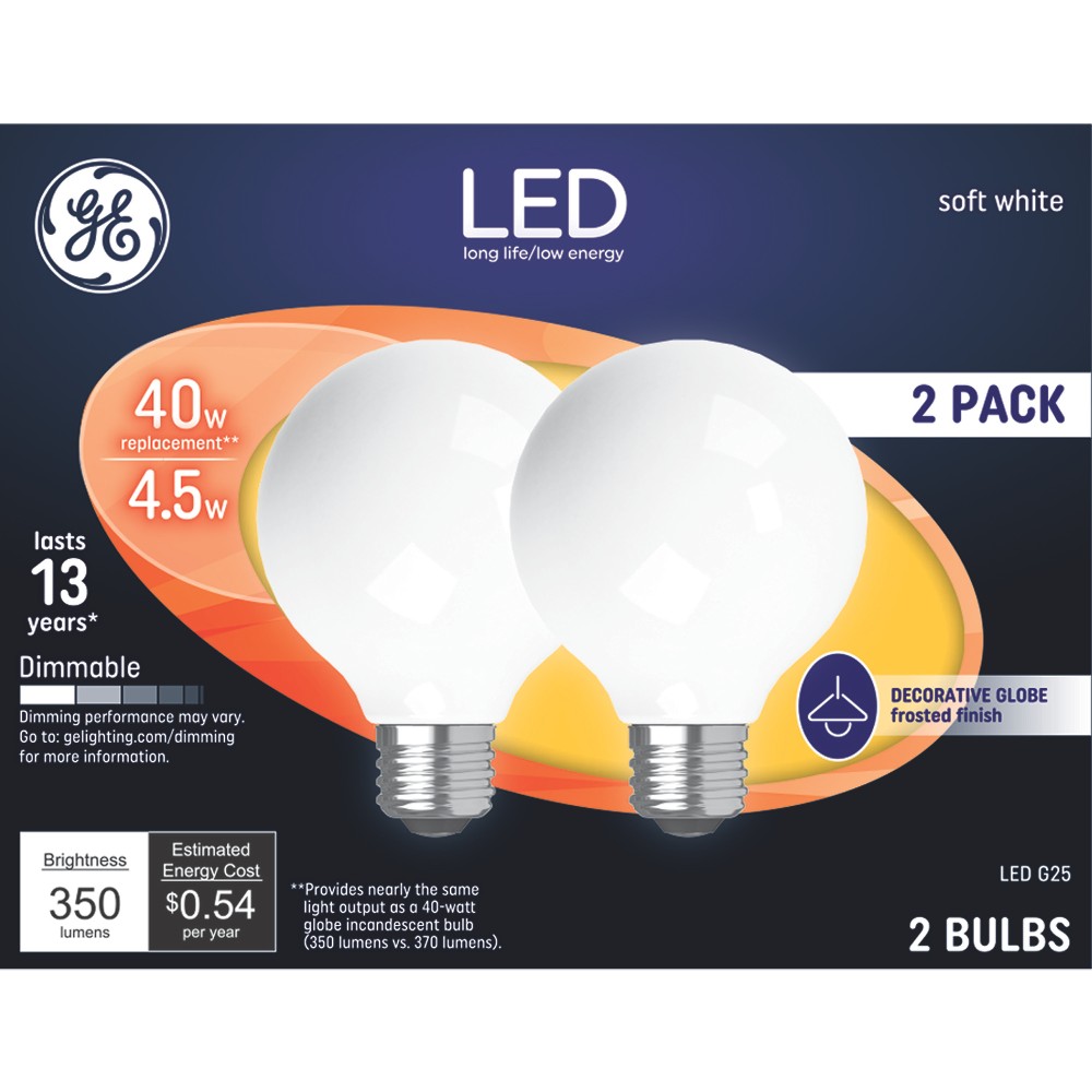 Photos - Light Bulb General Electric GE 2pk 40W G25 LED Globe  Soft White: Dimmable Vanity & Bathroom Round Lightbulbs, Energy Star Certified 