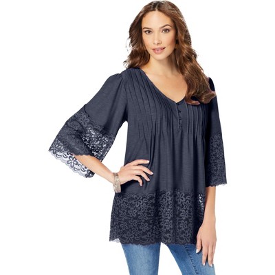 Roaman's Women's Plus Size Lace-Hem Pintuck Tunic