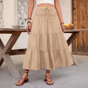 BLUEMING Women's Summer Flowy Boho Maxi Skirt Trendy Smocked Waist Ruffle  Tiered A Line Casual Beach Long Skirts Midi Dress - Khaki,L : Target