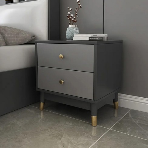 Luck Live 19.7inW Modern bedside table with 2 gray drawers and metal legs