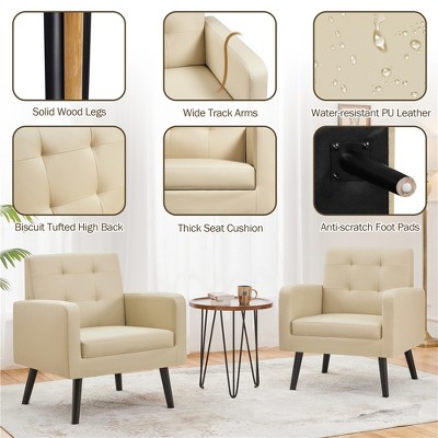 Beige Faux Leather Mid-Century Modern Accent Chair