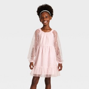 Girls' Long Sleeve Flocked Mesh Dress - Cat & Jack™ - 1 of 3