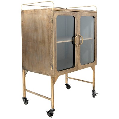 Antique Brass Metal Bathroom Cabinet with Glass Doors and Locking Wheels