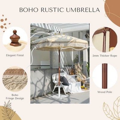 Beige 7' Boho Patio Umbrella with Cotton Fringe and Wooden Pole