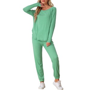 cheibear Women's Sweatshirt Jogger Lounge Set Long Sleeve Knit Round Neck Pajama Tracksuit - 1 of 4