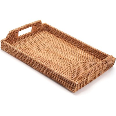 BRINJOY Rattan Serving Tray, Hand Woven Tray with Handles, Rectangular Wicker Basket Tray for Coffee Table Home Decor (14.5 x 10.2 x 1.4 inch)