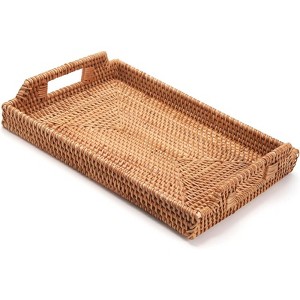 BRINJOY Rattan Serving Tray, Hand Woven Tray with Handles, Rectangular Wicker Basket Tray for Coffee Table Home Decor (14.5 x 10.2 x 1.4 inch) - 1 of 4