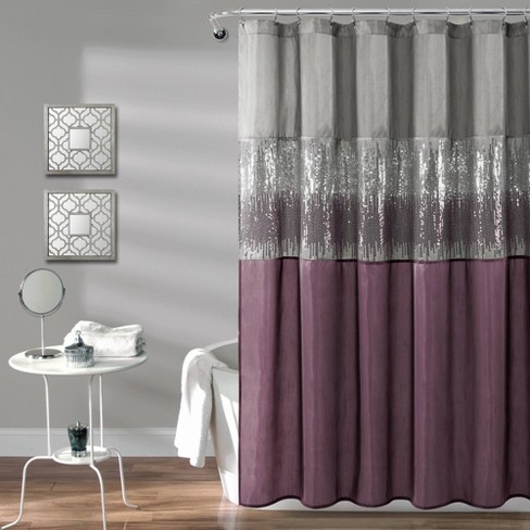 purple shower curtain and matching rugs