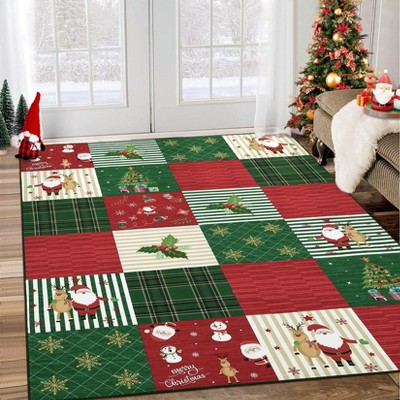 Christmas Patchwork Area Rug, Washable Ultra Thin Non Shedding Low Pile Carpet, Soft Non Slip Holiday Floor Mat for Home, Red/Green