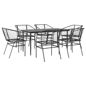 vidaXL 7 Piece Patio Dining Set - Black Poly Rattan Outdoor Ensemble with Tempered Glass Table - Garden/Backyard/Patio Furniture with 6 Chairs - 1 of 4