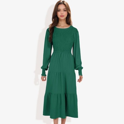 Anna-Kaci Women's Long Sleeve Smocked Maxi Dress with Tiered Skirt and Elegant Crew Neck Design for Stylish Casual Wear
