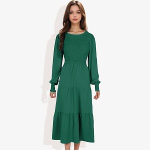 Anna-Kaci Women's Long Sleeve Smocked Maxi Dress with Tiered Skirt and Elegant Crew Neck Design for Stylish Casual Wear - 1 of 4