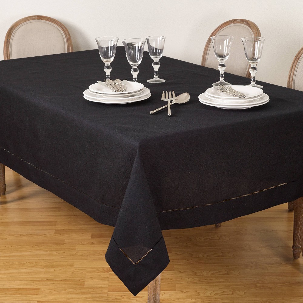 Photos - Tablecloth / Napkin 70"x104" Tablecloth with Hemstitch Border Design Black - Saro Lifestyle