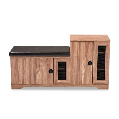 Dark Brown Faux Leather Oak Storage Bench with Cabinet
