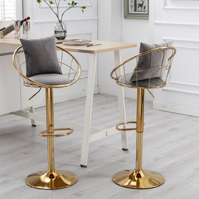 Velvet Bar Chair Set Of 2, Upholstered Dining Chair With Pillow, Metal Legs And Frame, Network Structure