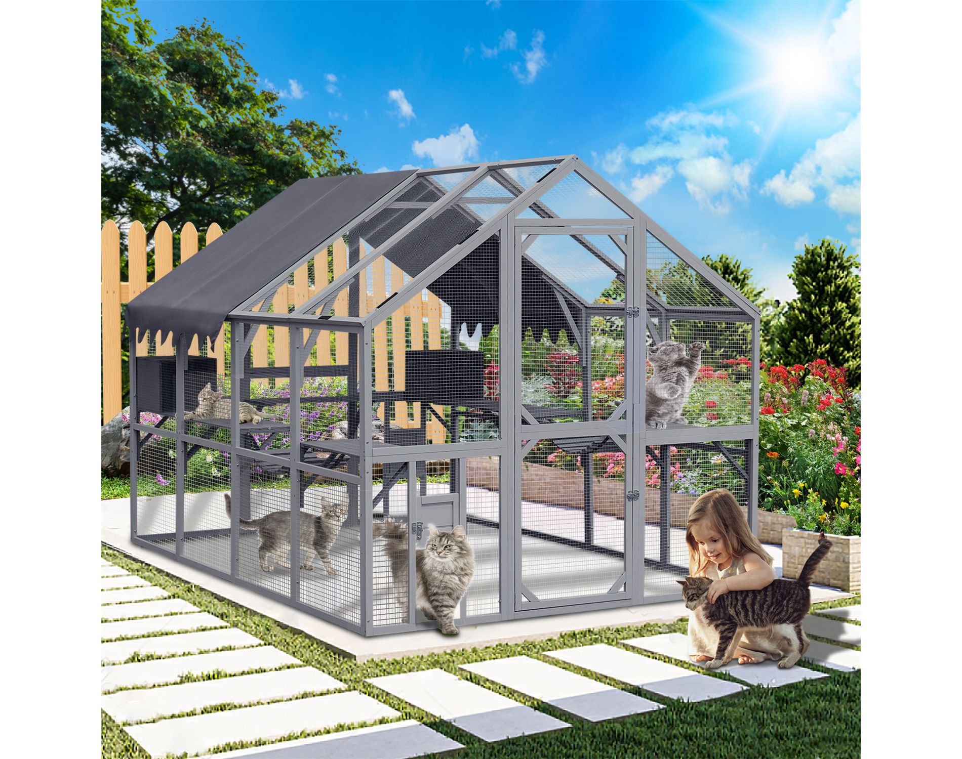 ELJGET Outdoor Cat House with Waterproof Cover, 110" Large Catio Enclosure with Platforms & Tunnels for Indoor/Outdoor Use