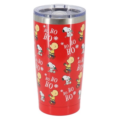 Peanuts Ho Ho Ho 20 Ounce Stainless Steel Travel Tumbler with Clear Lid in Jolly Red