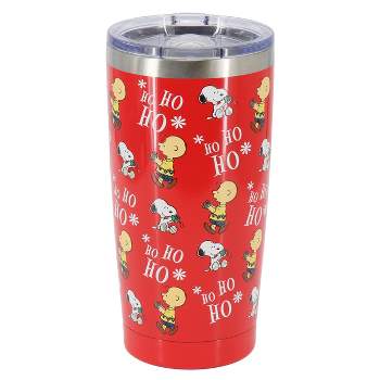 Peanuts Ho Ho Ho 20 Ounce Stainless Steel Travel Tumbler with Clear Lid in Jolly Red
