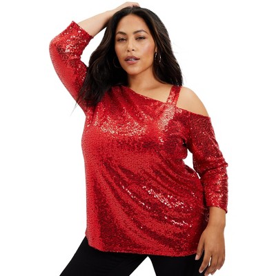 June Vie By Roaman s Women s Plus Size Sequin One shoulder Top 14 16 Classic Red Target