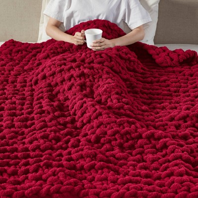 Red Chunky Knit Chenille Handmade Throw Blanket