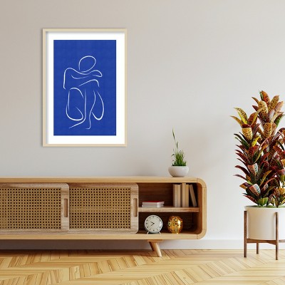 Svelte Natural Wood Framed Abstract Blue and White Print, 30 x 41