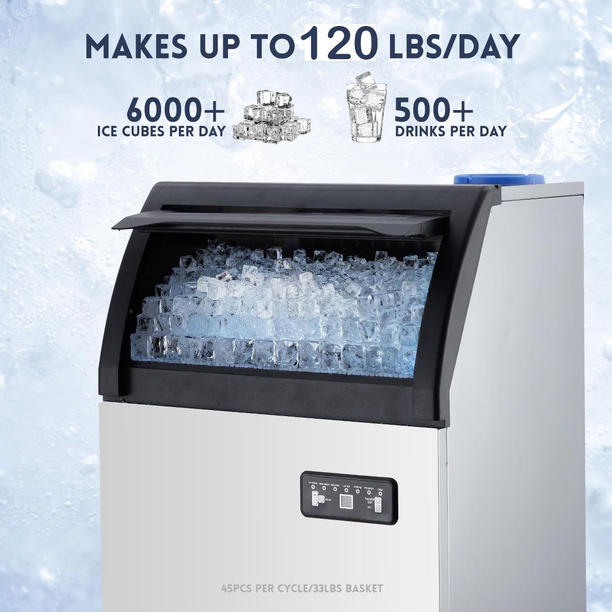 Commercial Ice Maker Machine – 100Lbs/24H, Under Counter Stainless Steel, 33Lbs Storage Bin, Dual Water Supply for Home, Restaurant, Coffee Bar - thumbnail 9