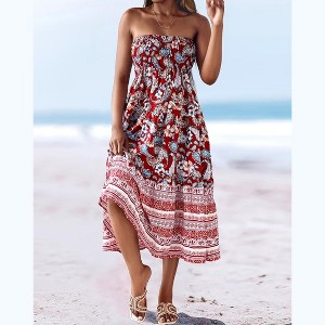 Womens Boho Skirt High Waisted Stretch Waist Off Shoulder Midi Skirt Summer Casual for Vacation or Daily Wear - 1 of 4