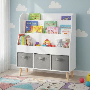 Homy Casa Kids Bookshelf with Front Display Shelves and 3 Fabric Storage Bins for Playroom or Bedroom, White - 1 of 4