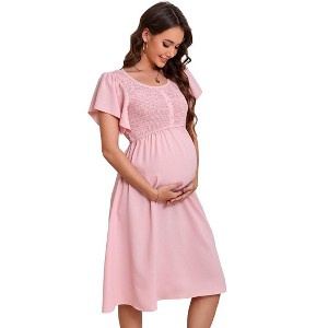 Women's Maternity Smocked Dress Summer Short Sleeve Square Neck Casual Flowy Midi Dress Photoshoot Baby Shower - 1 of 4