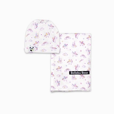 Bellabu Bear Baby Unicorn Bamboo Swaddle & Beanie Set