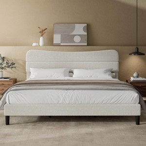 King Size Bed Frame Upholstered King Bed Frame and Headboard, Teddy Soft Boucle Fabric bedframe Soft Cloud Marshmallow Shape Upholstered Headboard - 1 of 4