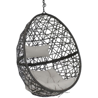 Sunnydaze Outdoor Resin Wicker Patio Caroline Lounge Hanging Basket Egg Chair Swing with Cushions - Gray - 2pc