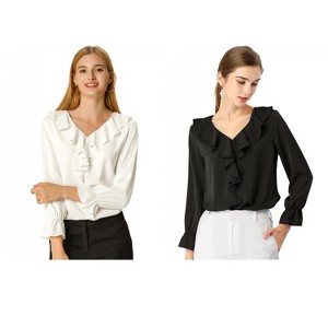 INSPIRE CHIC Women's Office Work Ruffle V Neck Long Sleeve Chiffon Peasant Blouse 2 Packs - 1 of 4