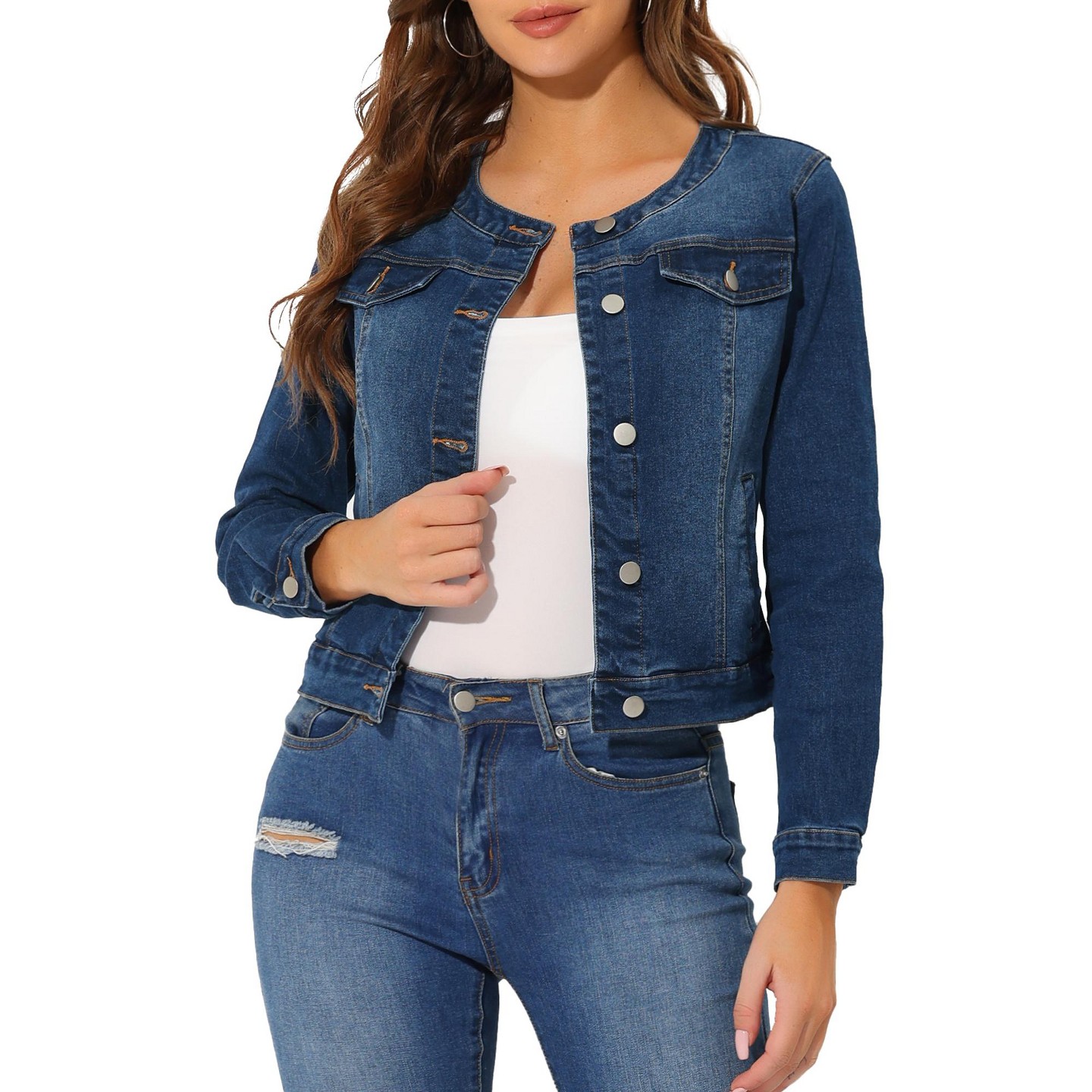 Женские куртки INSPIRE CHIC Button Down Collarless Long Sleeve Jean Jackets Small Dark Blue, цвет: Тёмный синий — фото 1