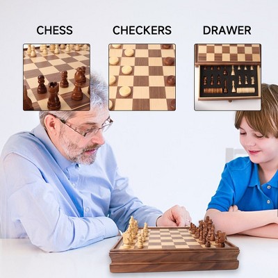 15" Wooden Chess and Checkers Board Game Set with Storage Drawer