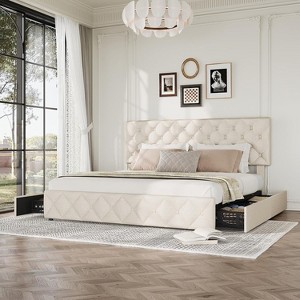 Homhougo Full Size Bed Frame with 4 Storage Drawers, Upholstered Platform Bed Frame with Adjustable Headboard, Diamond Stitched Button Tufted, Grey - 1 of 4