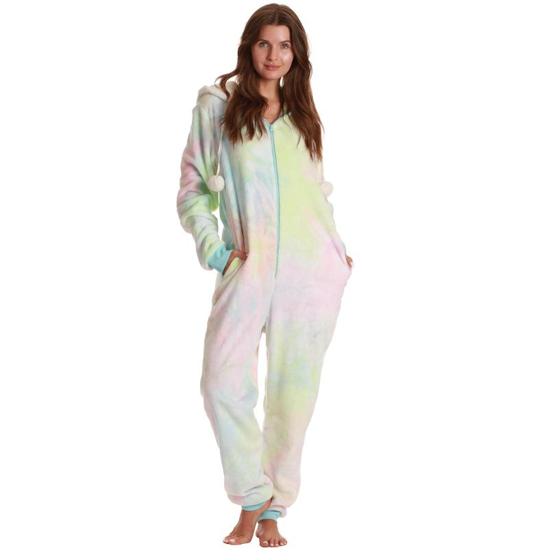 Just Love Womens One Piece Tie Dye Adult Onesie Faux Shearling Lined Hoody Pajamas, 2 of 5