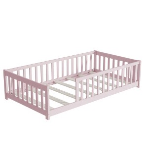 KWPZQEB Twin Size Floor Bed without Door, Montessori Wood Bed with Safety Guardrails & Slats Support, Low Bed Frame for Kids Boys Girls - 1 of 4