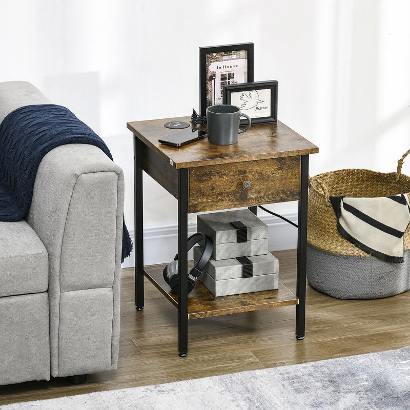 HOMCOM 2-Tier End Table with Wireless Charging Station and 2 USB Ports, Small Side Table with Drawer, Rustic Brown, 3 of 7