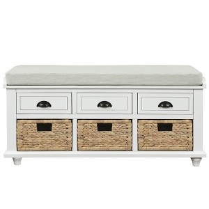 OUTSUPPLY Storage Bench with 3 Drawers & 3 Rattan Baskets, Entryway Shoe Bench with Removable Cushion for Living Room - 1 of 4