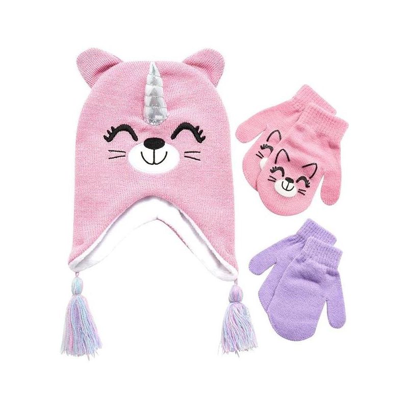 Girls Critter Winter Hat and 2 Pair Gloves or Mittens (Toddler/Little Girls), 1 of 5