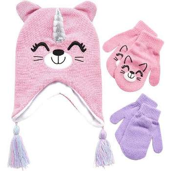 Girls Critter Winter Hat and 2 Pair Gloves or Mittens (Toddler/Little Girls)