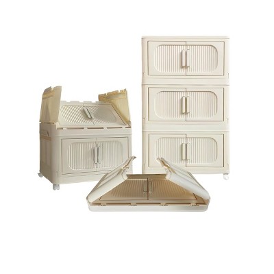 SEVOBAL Utility Storage Cabinets 3-Tier Versatile Folding Collapsible Organizer with Wheels, Magnetic Doors for Home, Dorm, Beige, 11.81"*19.69"*31.1"
