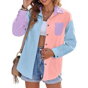 Zeagoo Womens Color Block Button Down Shirts Long Sleeve Linen Shirt Oversized Cotton Blouses Tops with Bust Pocket - 1 of 2
