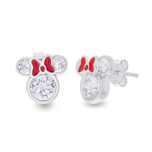 Disney Minnie Mouse Women Jewelry, Sterling Silver Cubic Zirconia and Red Enamel Bow Detail Stud Earrings - 1 of 4