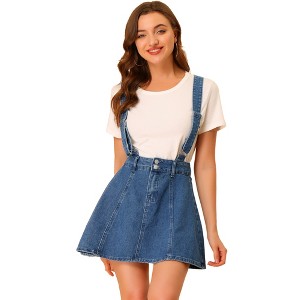 Allegra K Women's Denim A-Line Adjustable Strap Braces Mini Suspender Skirt - 1 of 4