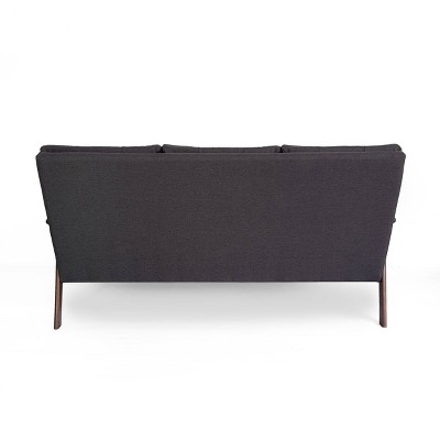 Mid-Century Tufted Black Fabric Sofa with Walnut Wood Frame
