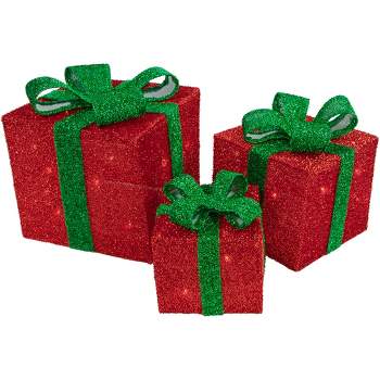 Northlight Set of 3 Lighted Red Gift Boxes with Green Bows Outdoor Christmas Decorations 10"